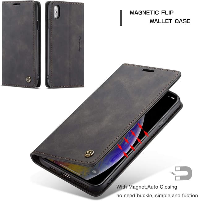 Detalle de Cracedily Klapphülle aus Leder für iPhone XS Max mit Kartenfächern, Magnet & Standfunktion (Schwarz)