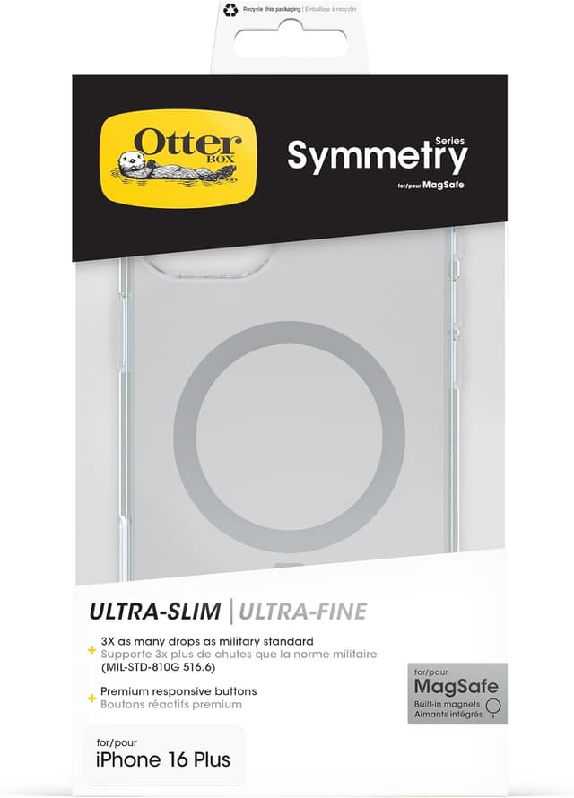 Detalle de OtterBox Symmetry Series Clear MagSafe per iPhone 16 Plus, cover ultrasottile trasparente con protezione antiurto e Camera Control