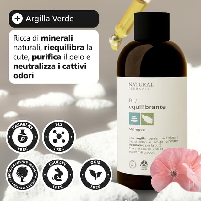 Detalle de Natural Derma Pet Shampoo per Cani Riequilibrante con Argilla Verde e Propoli – 200 ml, 100% Vegan (Made in Italy)