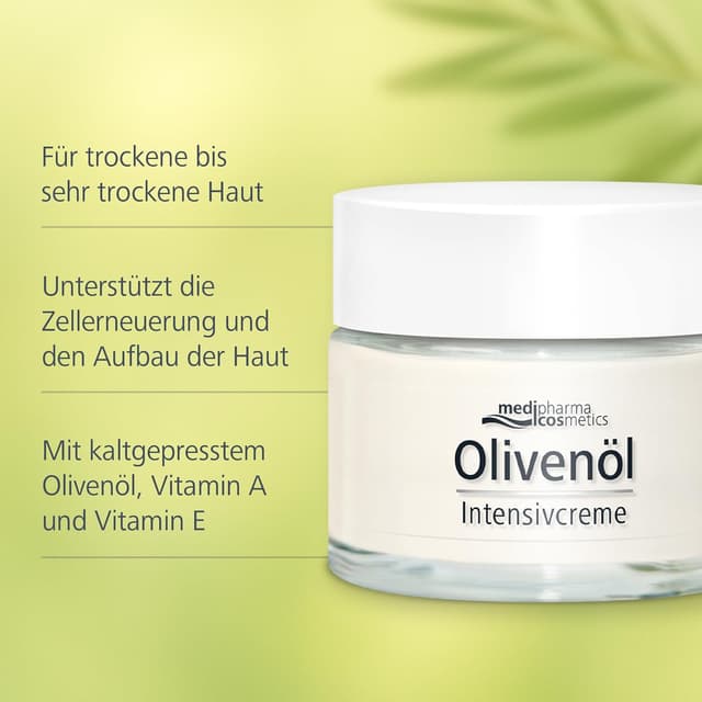 Detalle de medipharma cosmetics Olivenöl Intensivcreme – reichhaltige Gesichtscreme mit kaltgepresstem Olivenöl, Vitamin A & E (50 ml)
