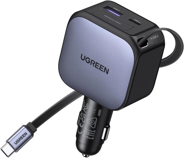 Detalle de UGREEN 90W Caricatore Auto Retrattile con 3 Porte USB