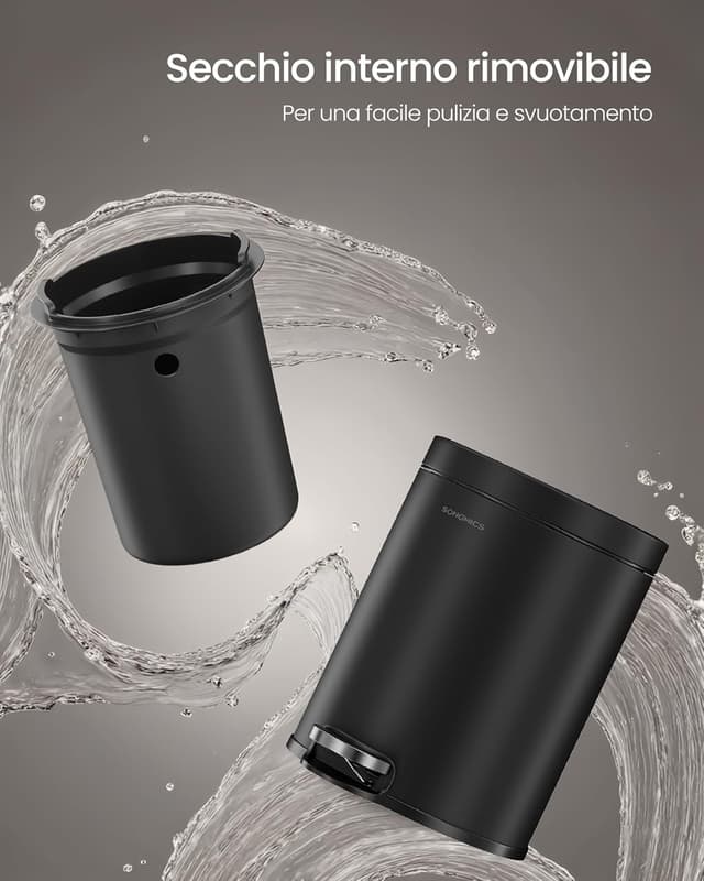 Detalle 2 de SONGMICS Cestino da Bagno a Pedale LTB013BZ01 da 3 L in acciaio nero, con coperchio a chiusura morbida