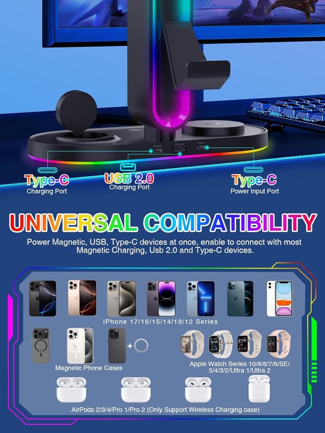 Detalle de RGB Headset Stand with Wireless Charger (8-in-1 Charging Station) with 20W PD Adapter
