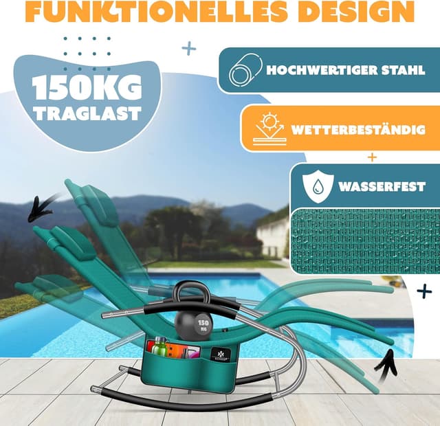 Detalle de KESSER® Sonnenliege Relaxliege Schwungliege – ergonomischer Schaukelsessel für den Garten, Petrolgrün