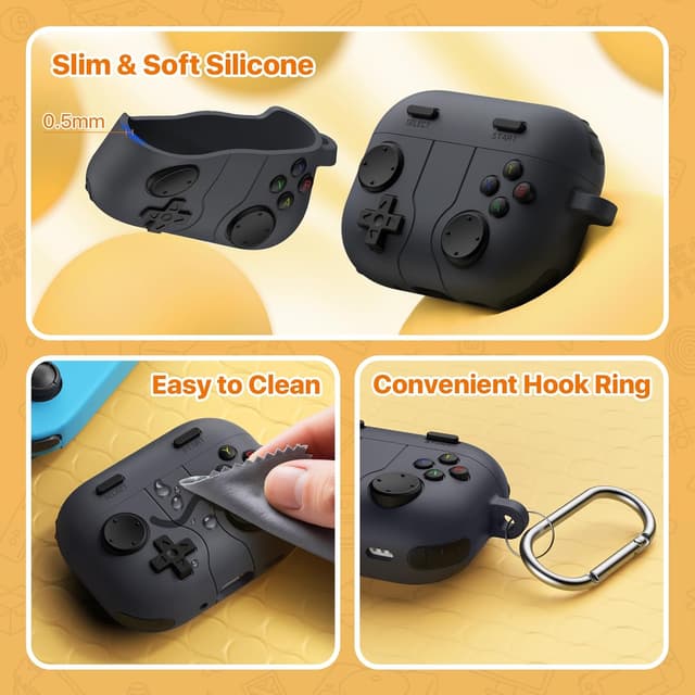 Detalle 2 de MoKo Game Case for AirPods Pro 3 (2025) with Portable Keychain Cleaner Kit – Black silicone cover