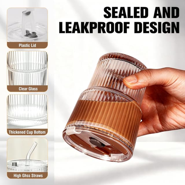 Detalle de YupURStyle 13oz ribbed glass tumbler set (4 pack) with straw and leakproof lid, insulated-style travel cup for iced drinks