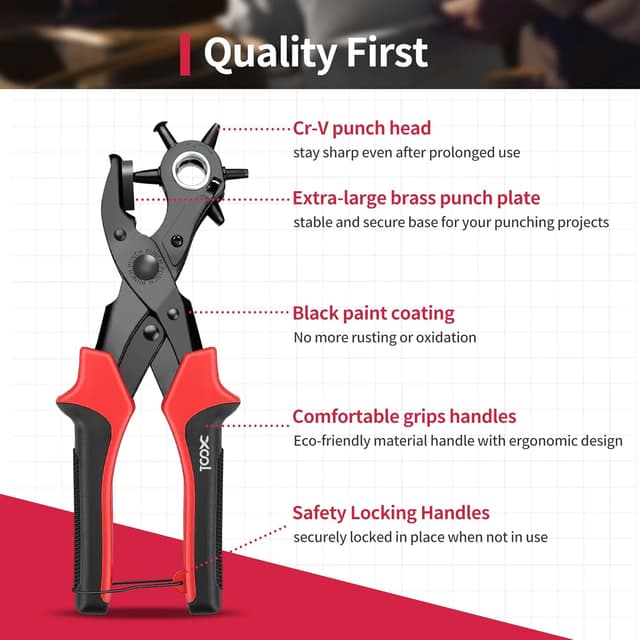 Detalle de XOOL Leather Hole Punch Plier – Heavy-Duty Rotatable Belt Hole Puncher with 6 Sizes