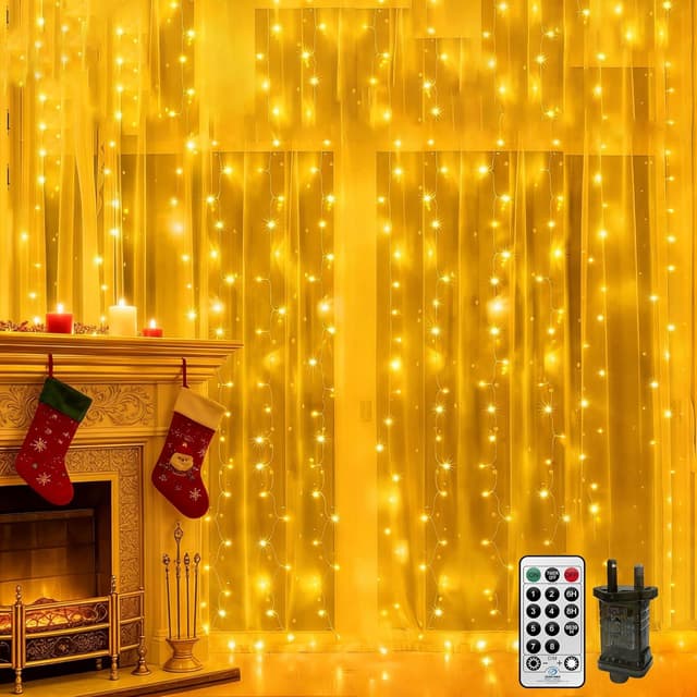 Detalle de CORST 2m x 2m curtain lights (204 LEDs) plug-in with remote timer and linkable design