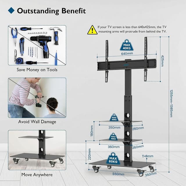 Thumbnail 4 de BONTEC TV-Ständer mit Rollen 30–70 Zoll