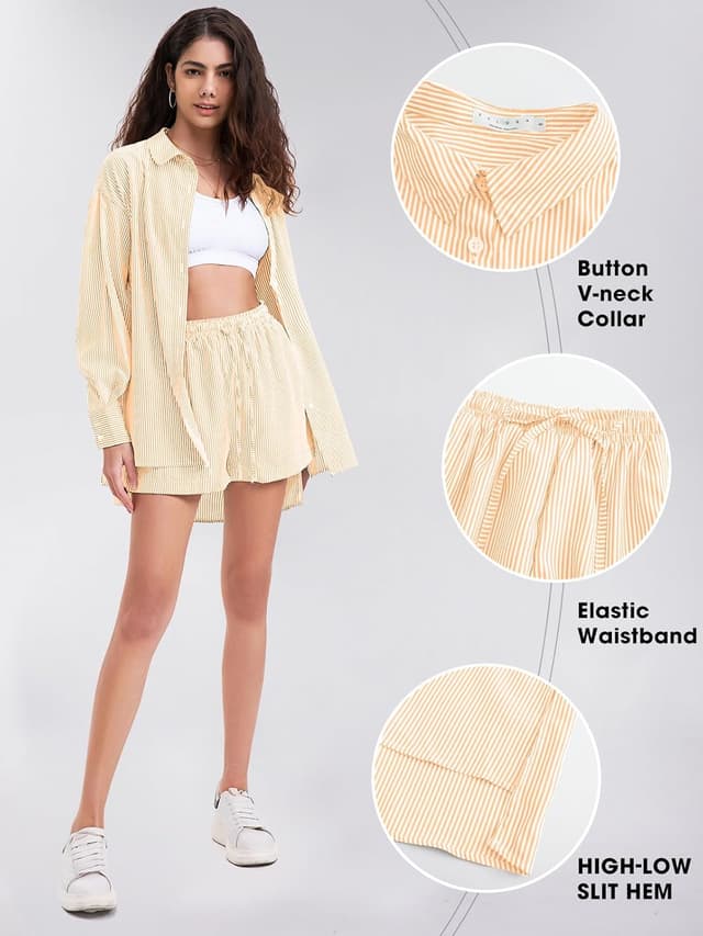 Detalle de Exlura Women’s Cotton Summer 2-Piece Long Sleeve Button-Down Shirt & Matching Short Set