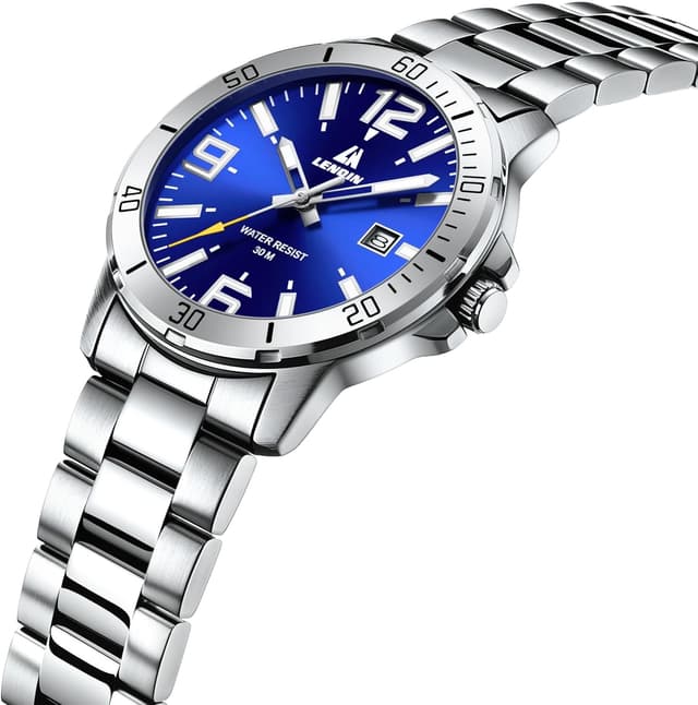 Detalle de LN LENQIN Herrenarmbanduhr aus Edelstahl mit Quarzwerk, analogem Zifferblatt und Datumsanzeige (3 ATM)