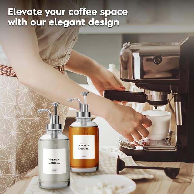 Detalle de Spaceneat Coffee Syrup Dispenser with Pump (Glass) – 500 ml bottle set with labels, brush & funnel