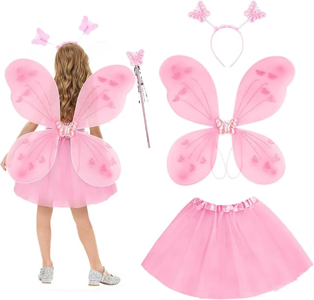 Detalle de AYBUY Kids Fairy Wings Costume Set (Butterfly Wings, Tutu, Magic Wand & Headband)