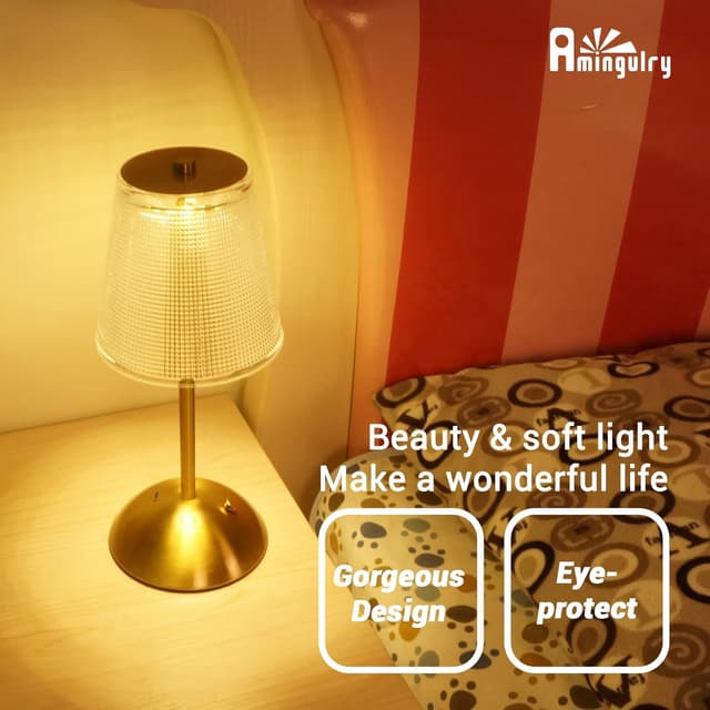 Detalle de Amingulry Cordless Table Lamp (Rechargeable, 3 Colour Modes & Stepless Dimmable Touch LED)