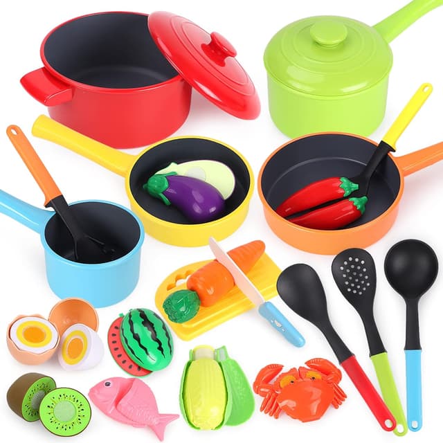 Detalle de GILOBABY Kids Toy Kitchen Accessories complete playset with play food (pots, pans, utensils, cutting board)