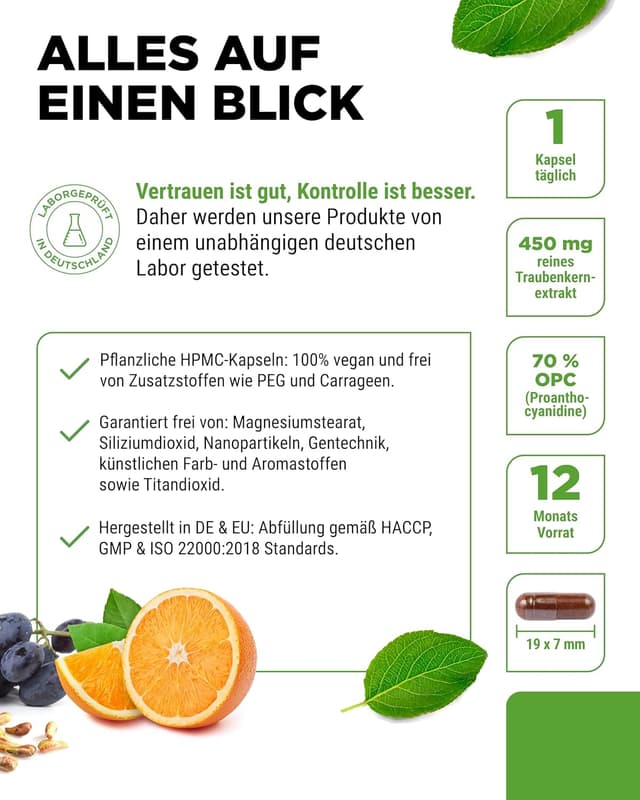 Detalle 2 de vit4ever OPC Traubenkernextrakt + natürliches Vitamin C – 365 Kapseln für 12 Monate (OPC nach HPLC, vegan)