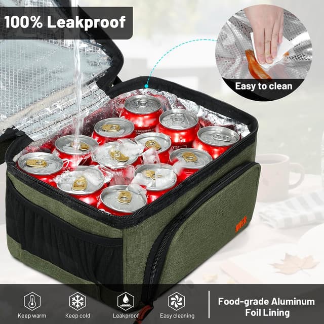 Detalle de MIER Dual Compartment Lunch Bag Tote (Army Green) — Insulated, Leakproof Cooler Tote