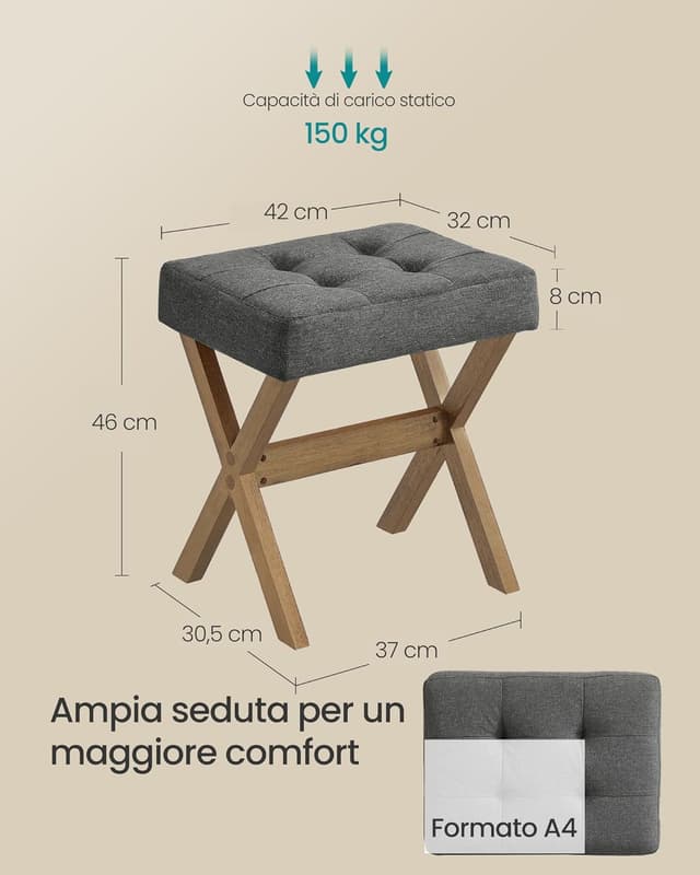 Detalle 2 de SONGMICS Sgabello da toeletta imbottito LSF006GN01, poggiapiedi e sgabello trucco in legno a X (32 x 42 x 46 cm)