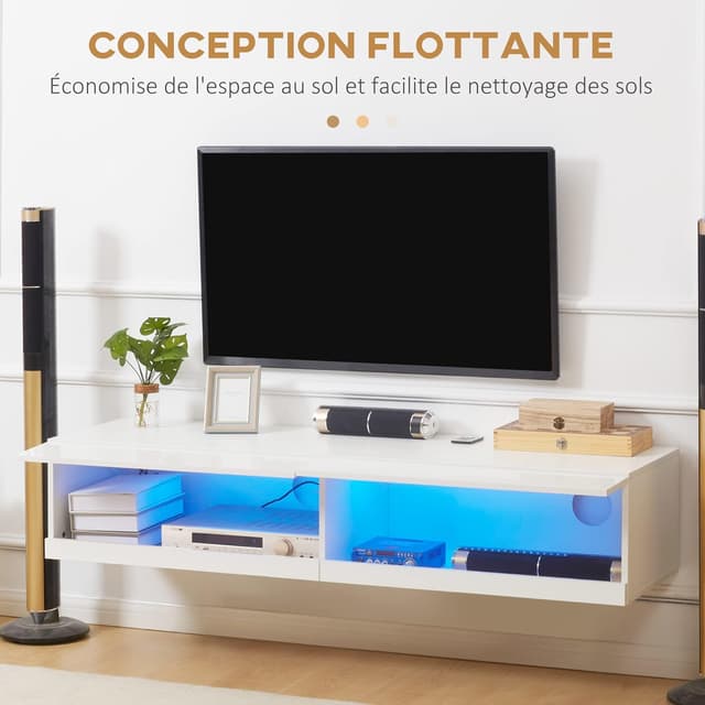 Detalle de HOMCOM Meuble TV mural blanc laqué avec LED RGB et contrôle via application, 150 x 40 x 30 cm