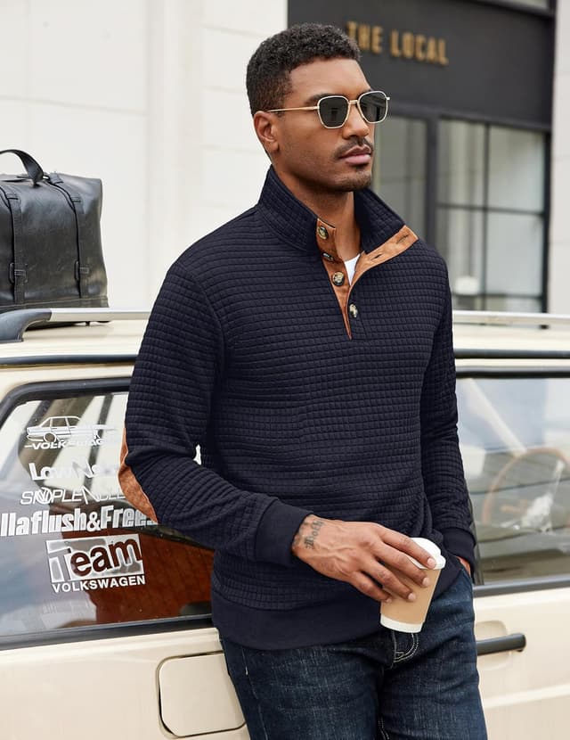 Detalle de COOFANDY Winter Sweatshirt für Herren mit Waffel-Struktur, Kragen mit Knöpfen und langem Arm