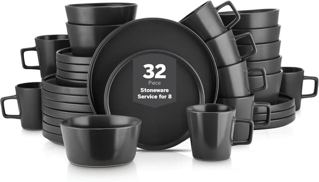 Detalle de Stone Lain Celina 32-Piece Stoneware Dinnerware Set (Matte Black) — Service for 8