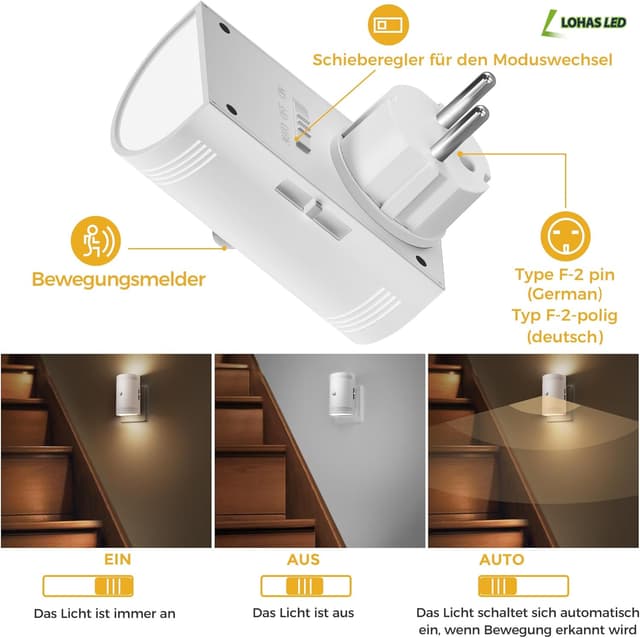 Detalle de LOHAS-LED Nachtlicht mit Bewegungsmelder (Warmweiß 3000K), dimmbar 0–100 lm – Steckdosen-Nachtlicht für Kinderzimmer, Flur & mehr