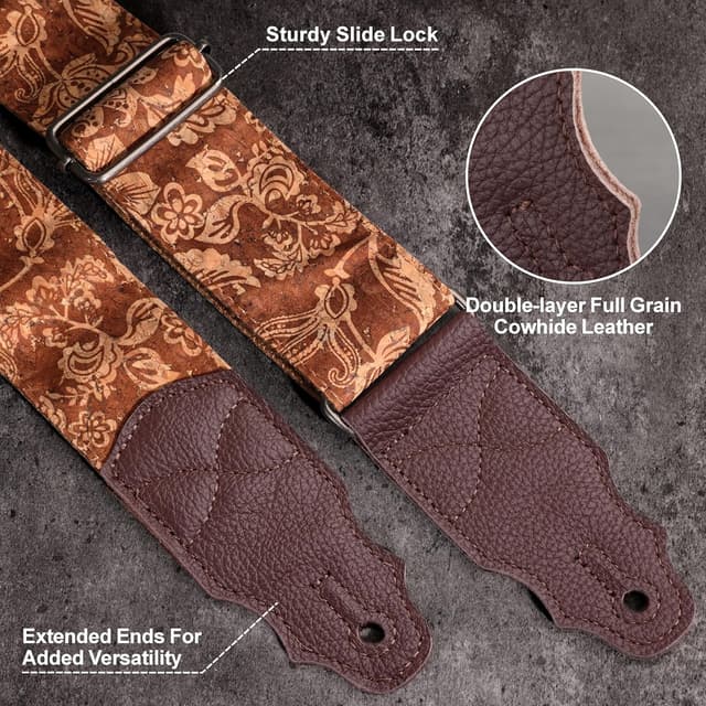 Detalle 2 de YIKOKO Gitarrengurt aus Rindsleder (Kopfschicht), verstellbar 38–64" für Akustik- und Bass-/E-Gitarren