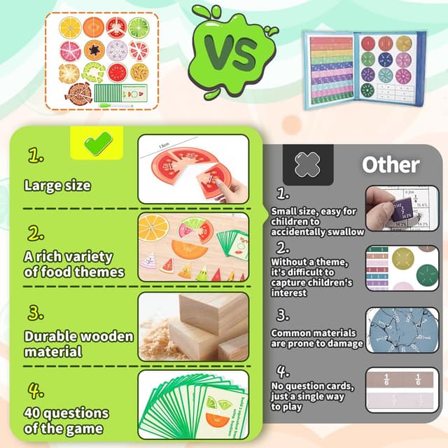 Detalle 2 de Wooden Fruit Fractions Circles (91 pieces + 20 question cards) Montessori-style fractions maths game for ages 6+