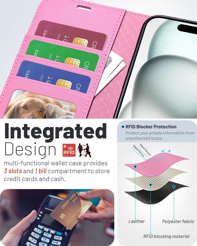 Detalle de OCASE Hülle für iPhone 17 5G mit Kartenfach, Magnet & Standfunktion (RFID-Blocker) – Rosa