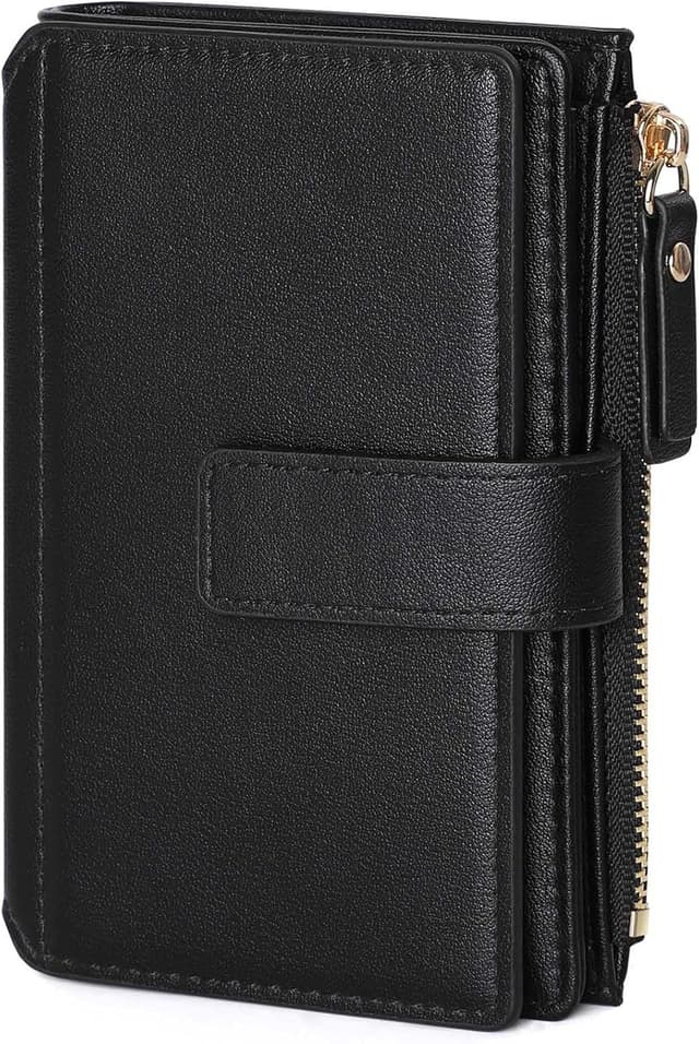 Detalle de RRANCharltu Damen-Geldbörse aus PU-Leder, schwarz – RFID-Schutz, Reißverschluss-Münzfach und 16 Kartenfächer
