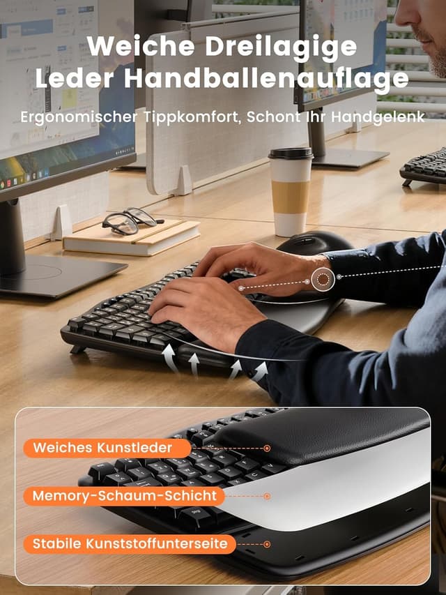 Detalle 2 de SABLUTE Kabelloses Tastatur-und-Maus-Set (Wave-Tasten) mit leisen 30 dB, ergonomischer Handballenauflage und Dual-System-Schalter für Windows/Mac