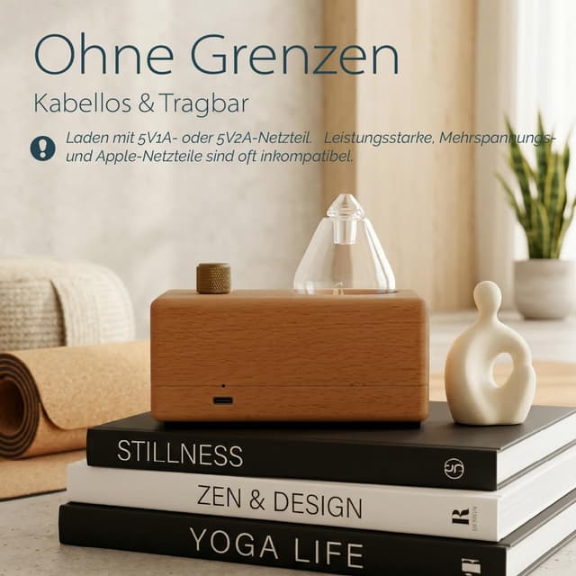 Detalle de Waterdrop Aroma Diffuser Kabellos (wasserlos) – Duftöl-Vernebler aus Glas & Buchenholz für bis zu 60 m²