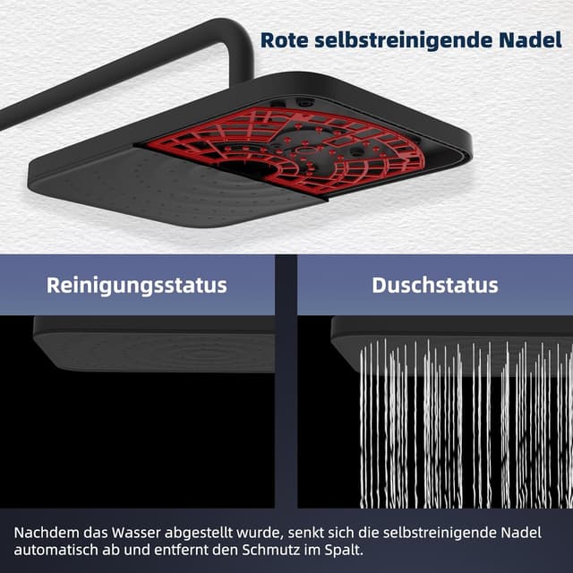 Detalle de Hibbent selbstreinigender Regenduschkopf-Set mit Edelstahl-Duschstange, 4-Wege Handbrause – höhenverstellbar, schwarz