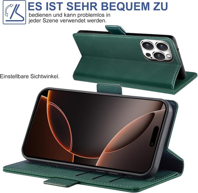 Detalle 1 de Giyer Handyhülle für iPhone 16 Pro Max mit Kartenfach und Schutzfolie – Grün, Standfunktion