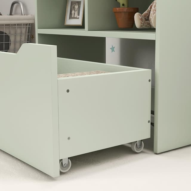 Detalle de HOMCOM Bibliothèque étagère multi-rangement en bois vert clair : 3 étagères, 2 niches et grand tiroir