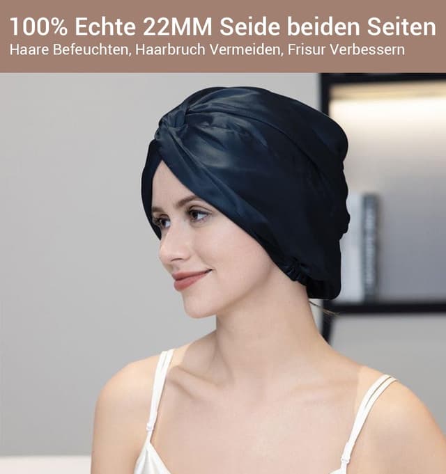 Detalle 2 de LaCourse verstellbare Schlafhaube aus 100% Maulbeerseide (22 Momme, 6A) in Blau – mit rutschfestem Gummiband