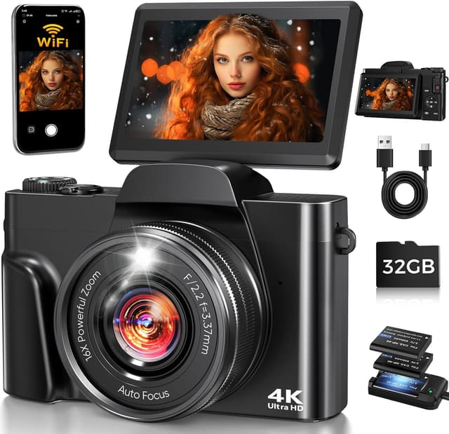 Detalle de 4K Digital Camera for Photography with WiFi, 64MP Autofocus & 3" Flip Screen (16X Zoom) – Black