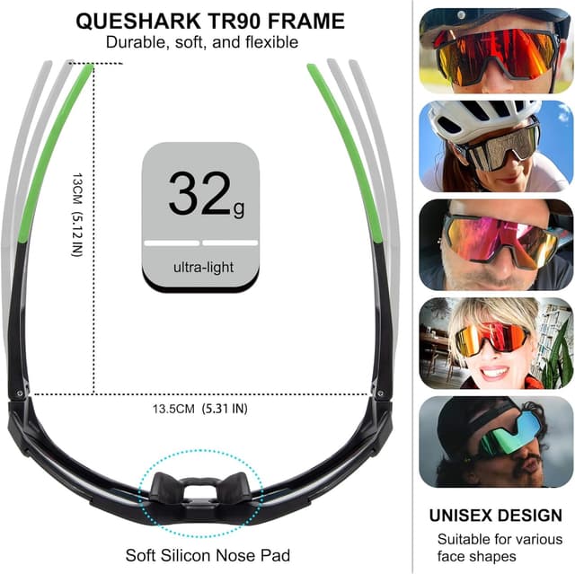 Detalle de Queshark Occhiali Veloci in TR90 con lenti policarbonato UV400: occhiali sportivi da ciclismo