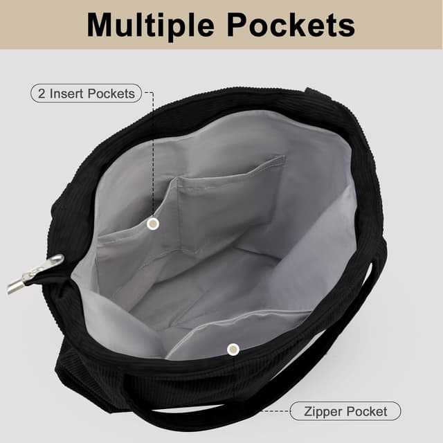 Detalle de CNMTCCO Cord Shopper-Tote für Damen mit Reißverschluss – große Tragetasche für Alltag, Arbeit und Reisen