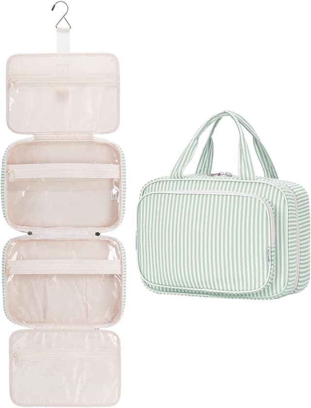 Detalle de Narwey Large Hanging Travel Toiletry Bag (Mint Green Stripe) with 4 Compartments