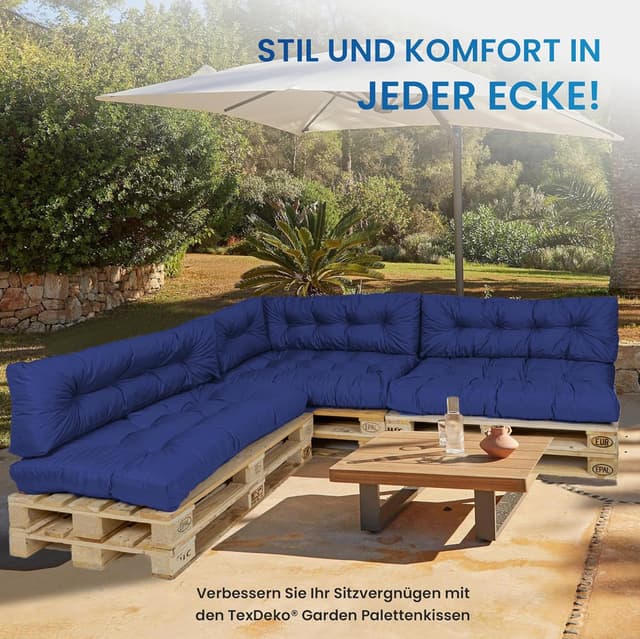 Detalle 2 de TexDeko® Garden Palettenkissen 120x80x18 cm (2-teilig) wasserabweisend, UV-beständig – Premium Sitzkissen für Europaletten