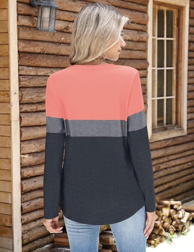 Detalle 2 de EFFAN Women’s Basic V-Neck Long Sleeve Striped & Colour Block Top (S–XXL)