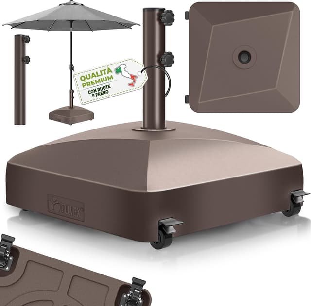 Detalle de tillvex Base per ombrellone GRAVIA con ruote e freni, zavorra riempibile 37L/56kg (marrone), per pali Ø 1,8–3,7 m