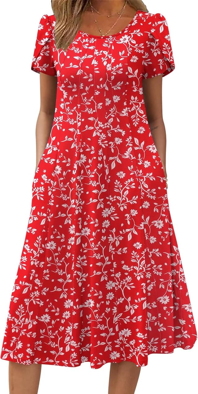 Detalle de Zeagoo women’s summer short-sleeve midi dress with pockets (floral swing dress, S–XXL)