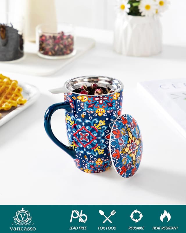 Detalle de vancasso Ceramic Tea Mug with Infuser and Lid (18 Ounce) — Royal-Crimson Flourish