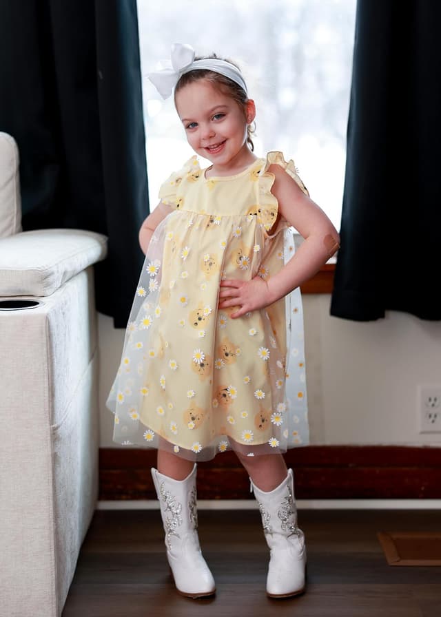 Detalle de Disney Winnie the Pooh Toddler Girl Dress with Tulle Skirt, Ruffle Sleeves & Soft Mesh Fabric