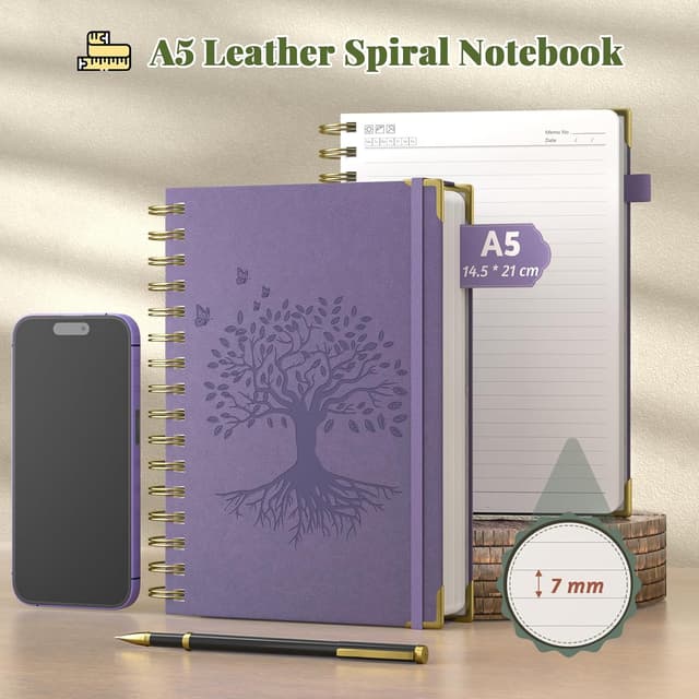 Detalle 2 de Smarpau A5 Notizbuch mit Stift, Hardcover-Spiral-Journal (liniert) – 240 Seiten, 14,5 x 21 cm, lila
