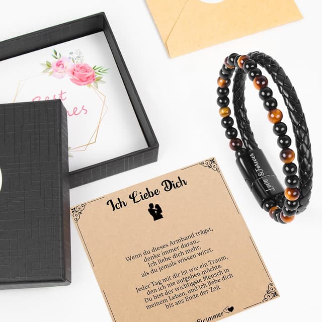 Thumbnail 6 de Focxoio Herrenarmband mit Tigerauge-Perlen und Leder, magnetischer Edelstahlverschluss – Geschenk für Papa, Sohn, Bruder & mehr