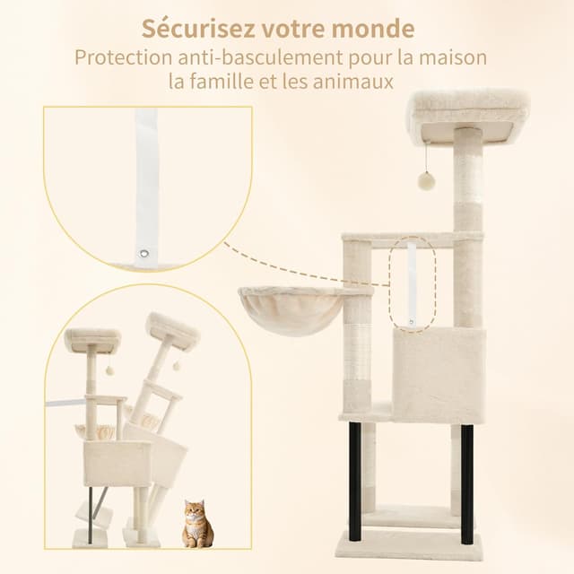Thumbnail 6 de Heybly Arbre à chat HCT200SM beige – 125 cm avec niche, plateformes et griffoir en sisal