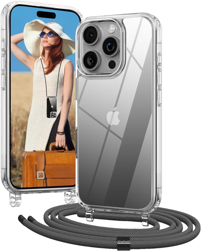 Detalle de Cover OLEPHY per iPhone 16 Pro con cordino regolabile e protezione antiurto/antigraffio, grigio